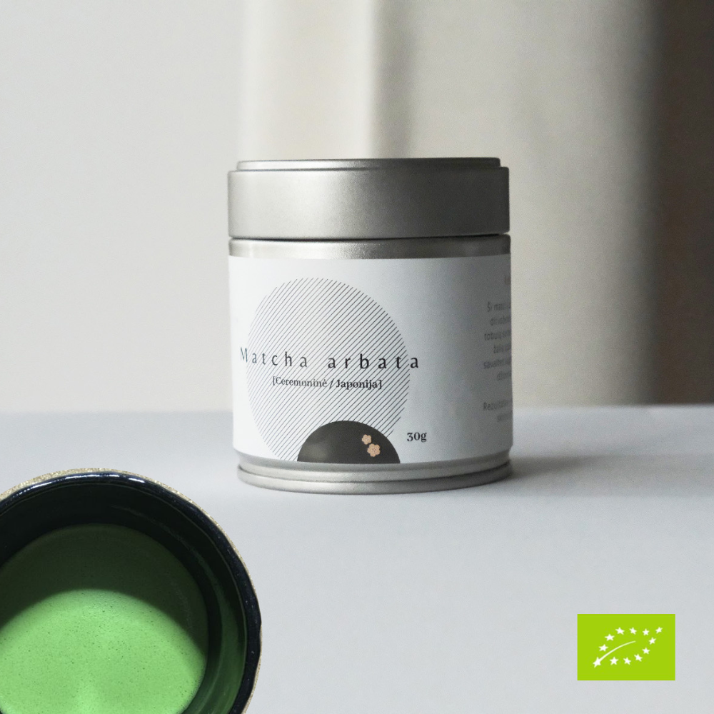 ceremoninės matcha arbatos milteliai indeliuose po 30g