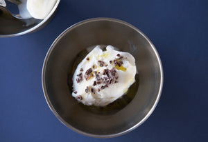 Ice cream with olive oil and broken cocoa beans - an unexpected but great combination